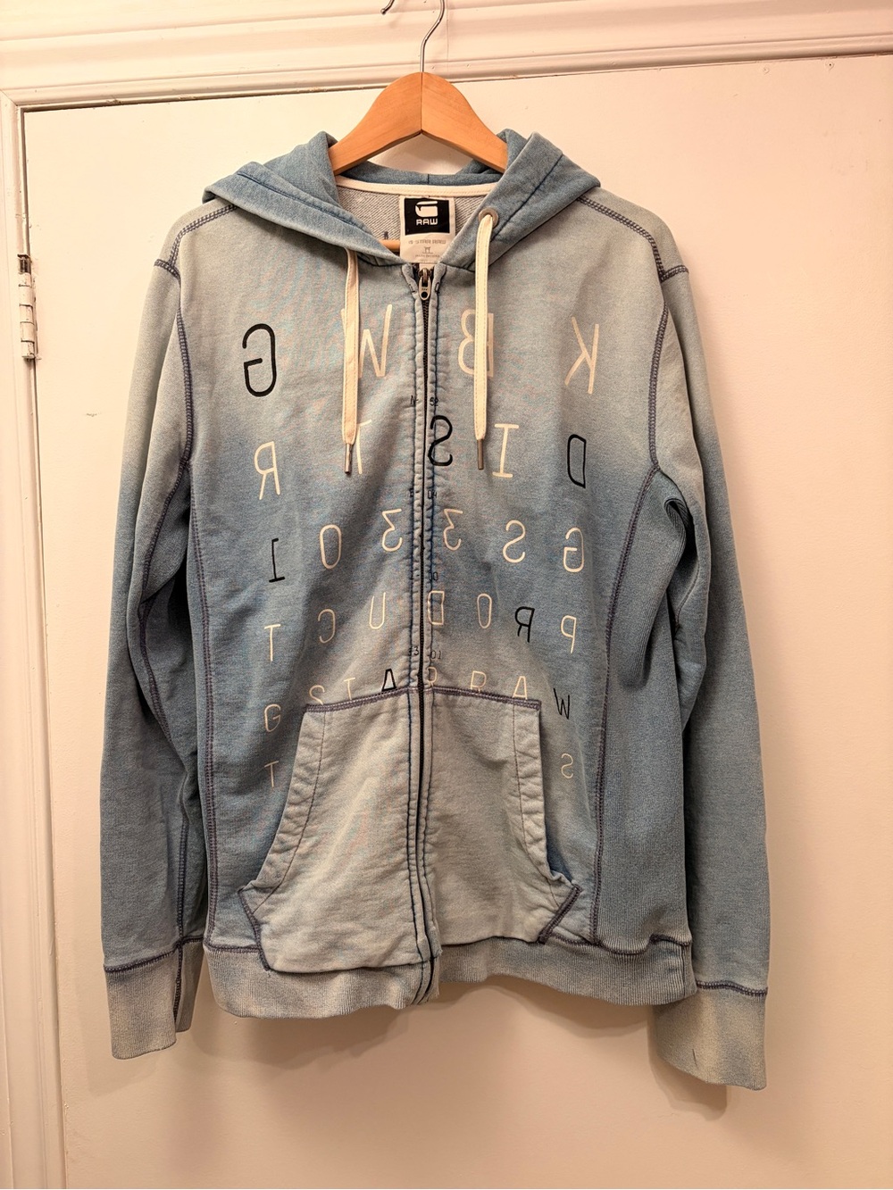 G-Star Men's Pale Blue Full-Zip Hoodie with Graphic Lettering